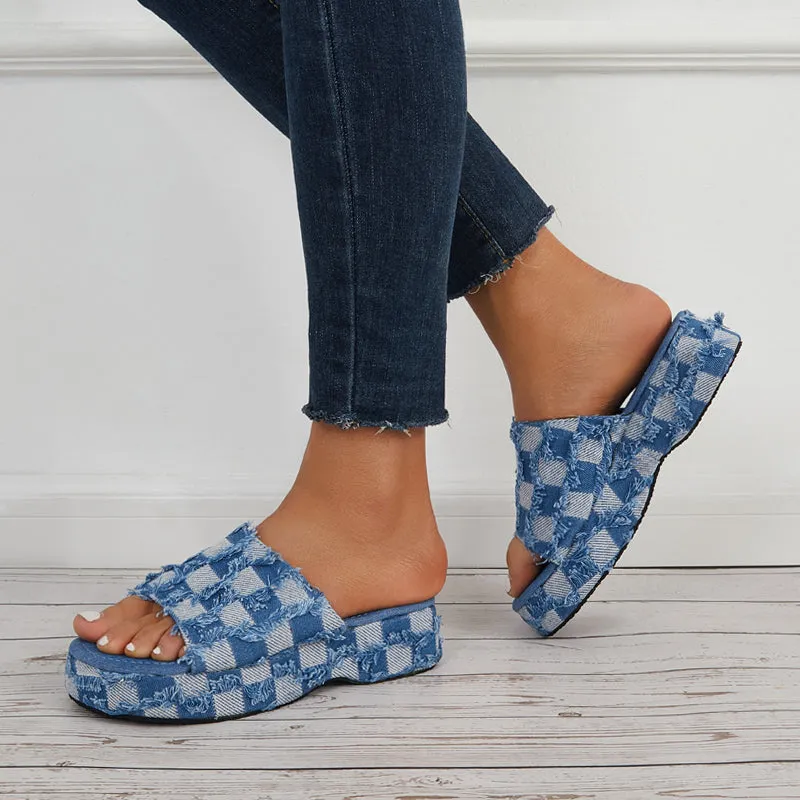 Sohiwoo  Denim Plaid Platform Wedges Open Toe Slide Sandals