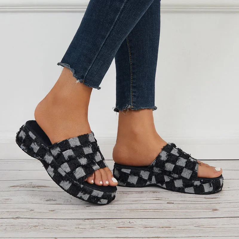 Sohiwoo  Denim Plaid Platform Wedges Open Toe Slide Sandals