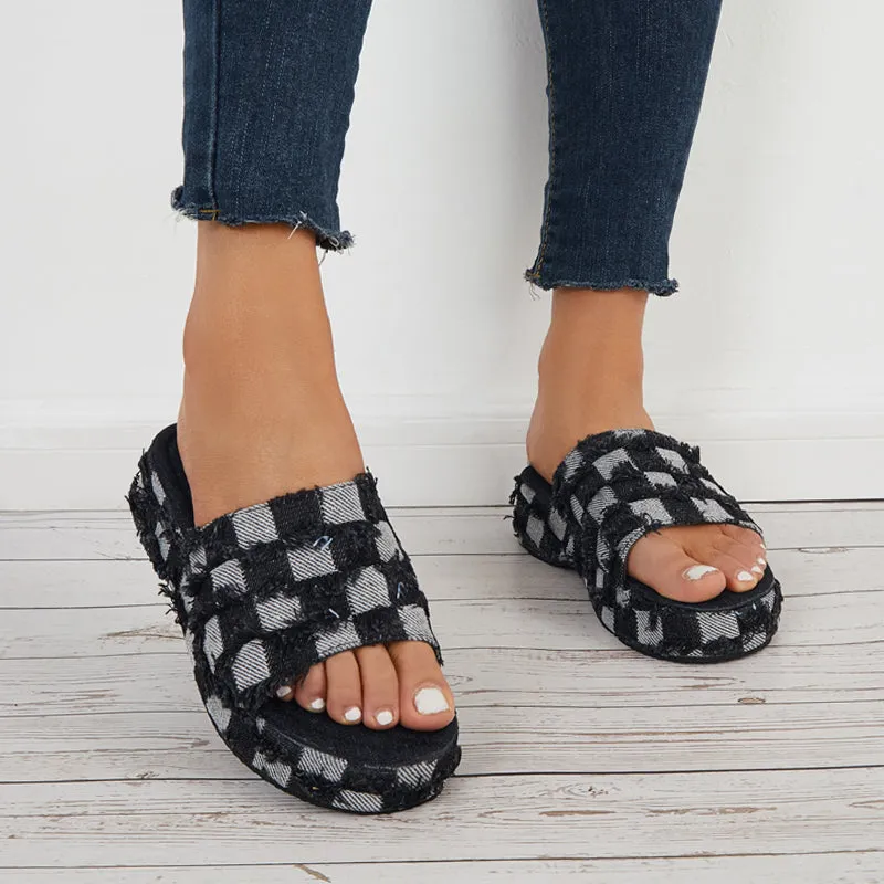 Sohiwoo  Denim Plaid Platform Wedges Open Toe Slide Sandals