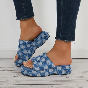 Sohiwoo  Denim Plaid Platform Wedges Open Toe Slide Sandals