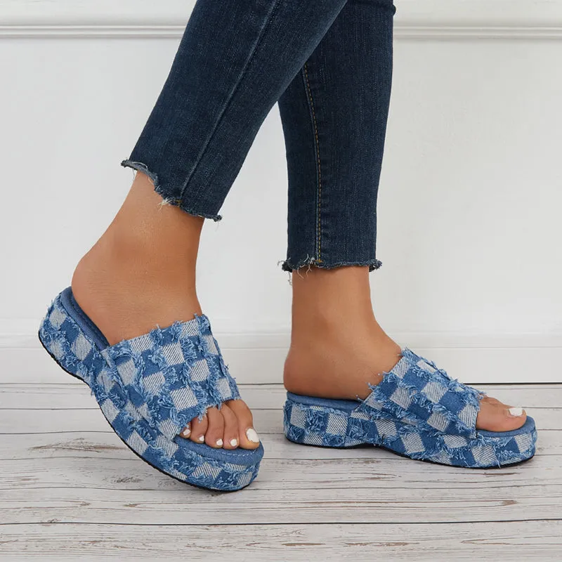 Sohiwoo  Denim Plaid Platform Wedges Open Toe Slide Sandals