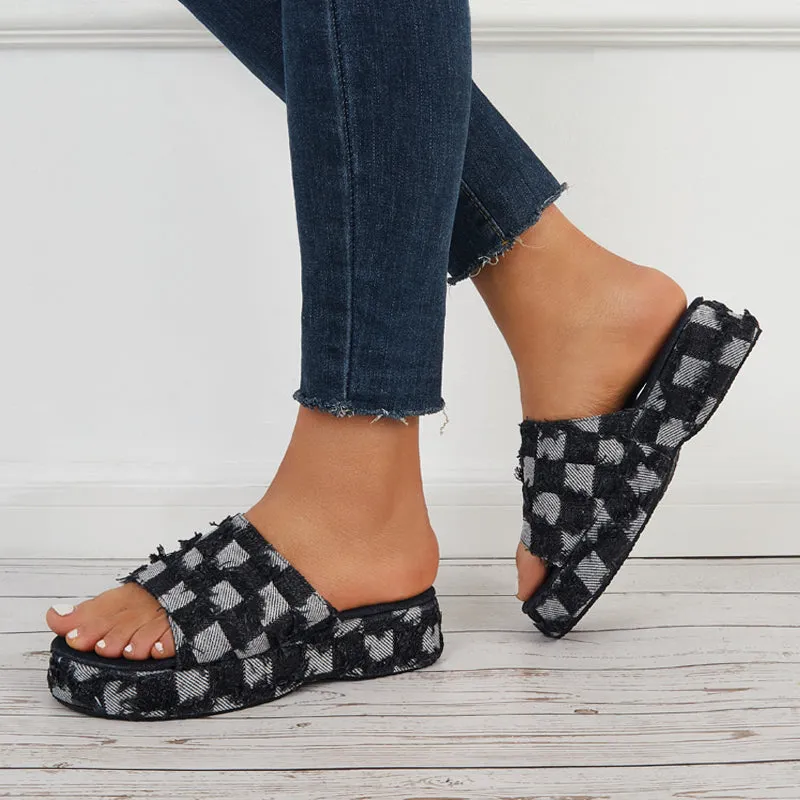 Sohiwoo  Denim Plaid Platform Wedges Open Toe Slide Sandals