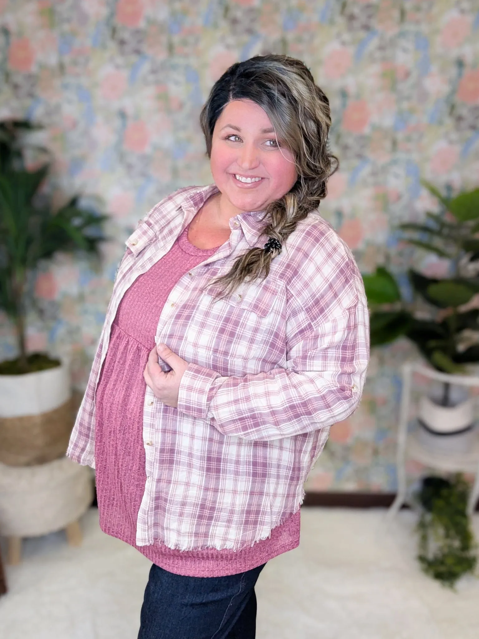Sophie Plaid ButtonDown w/Fringe Bottom in Pinky Plum