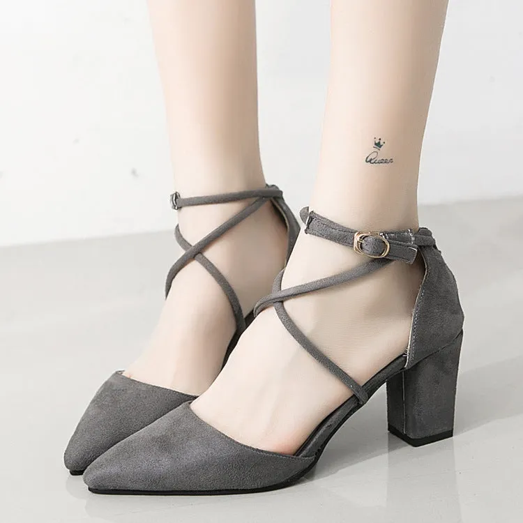 Straps Cross Ankle Wrap Pointed Toe Chunky Heels