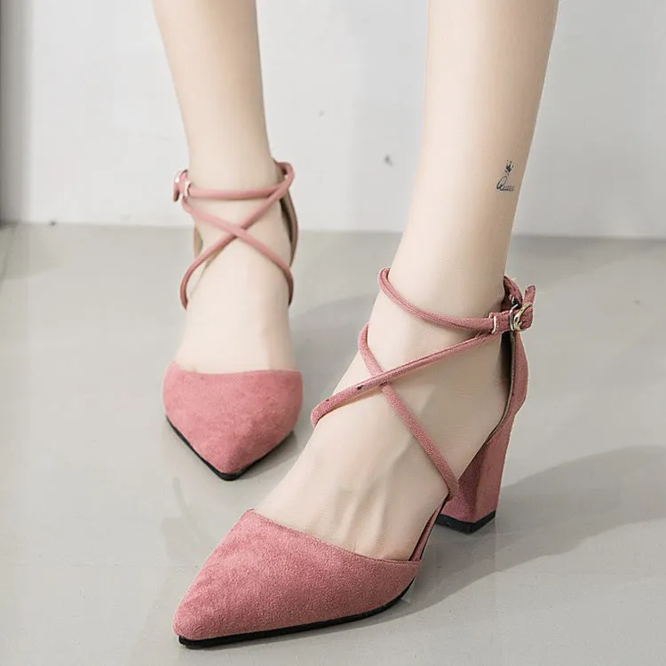 Straps Cross Ankle Wrap Pointed Toe Chunky Heels