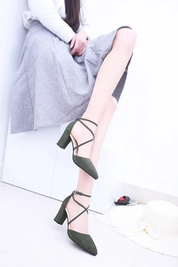 Straps Cross Ankle Wrap Pointed Toe Chunky Heels