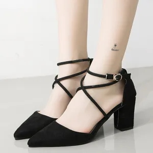 Straps Cross Ankle Wrap Pointed Toe Chunky Heels