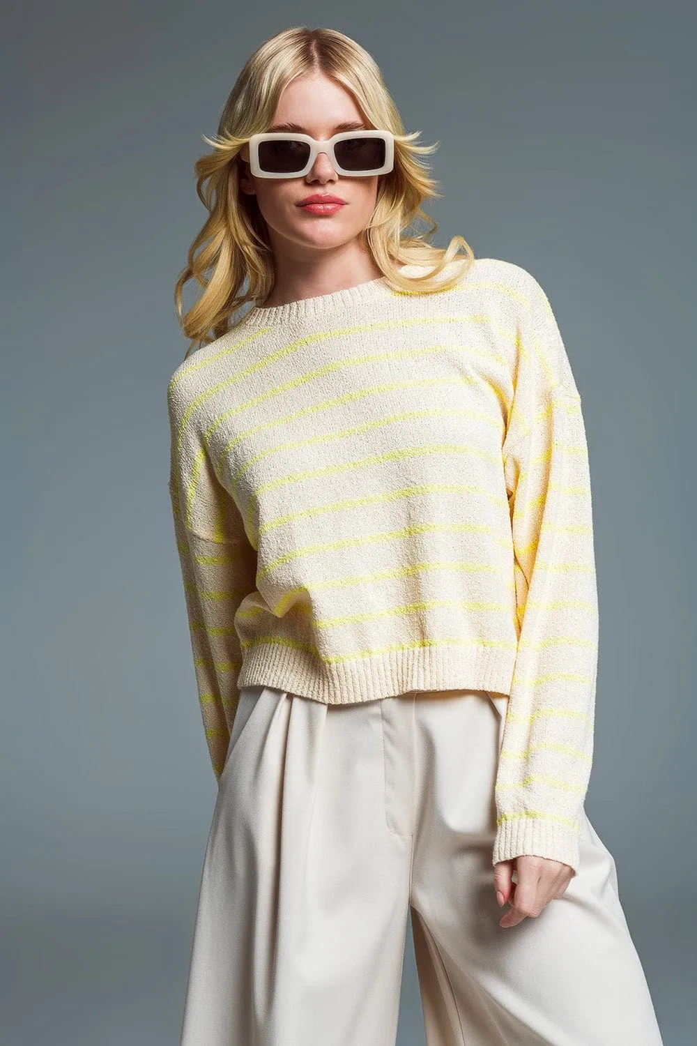 Sweater With Drop Shoulders In Beige With Yellow Stripes