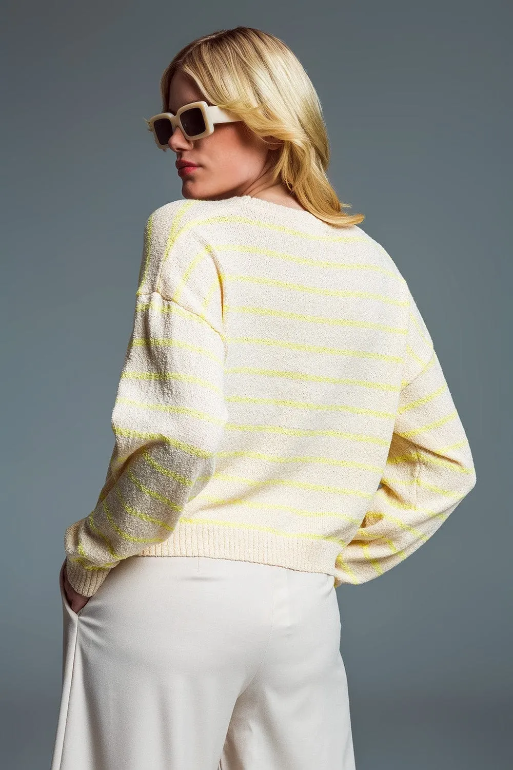 Sweater With Drop Shoulders In Beige With Yellow Stripes