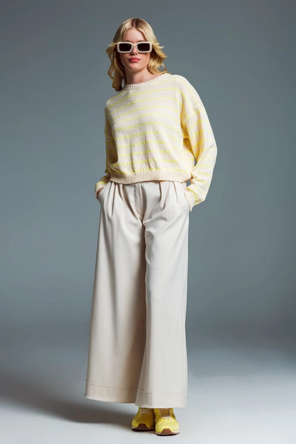 Sweater With Drop Shoulders In Beige With Yellow Stripes