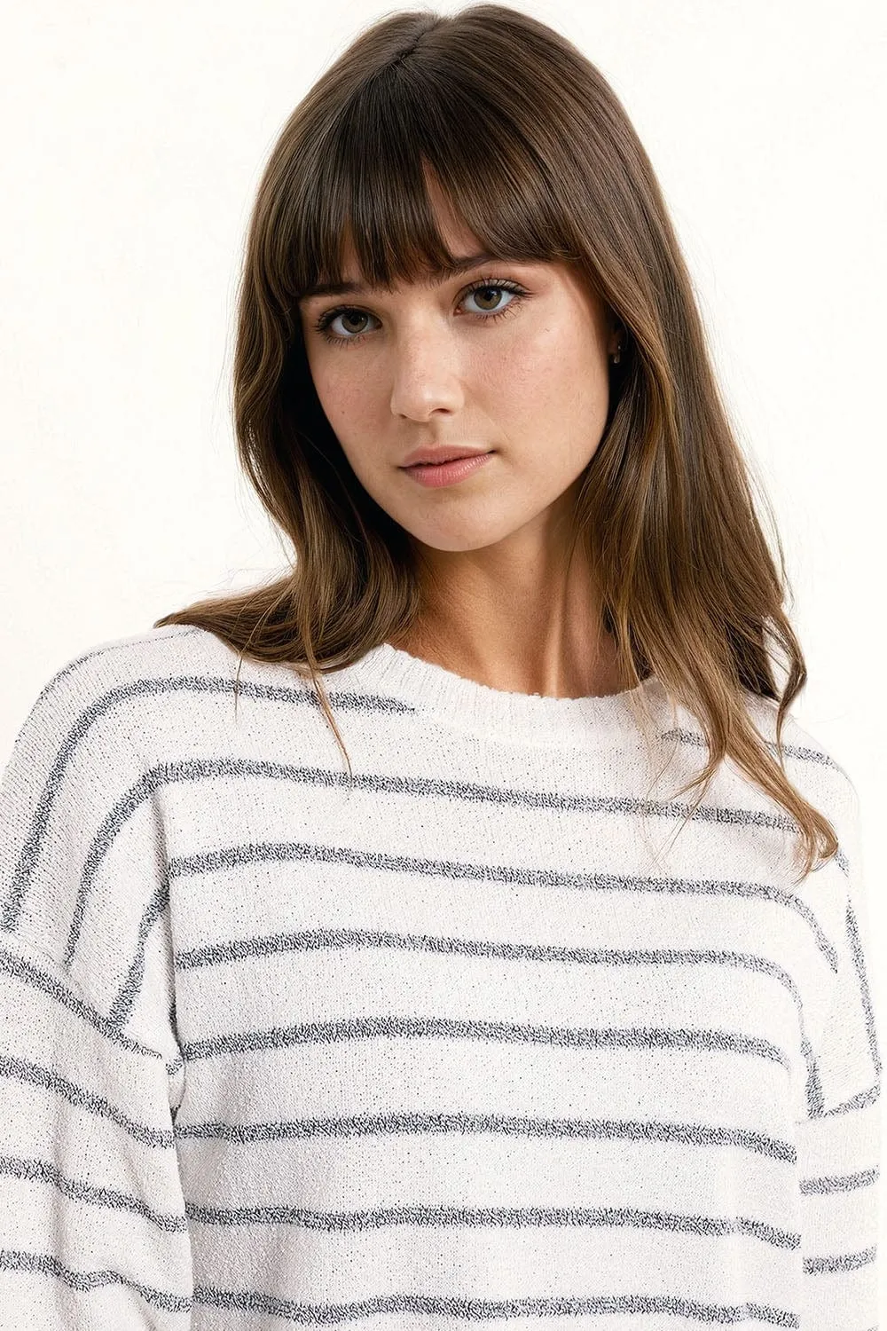 Sweater With Drop Shoulders In White With Grey Stripes