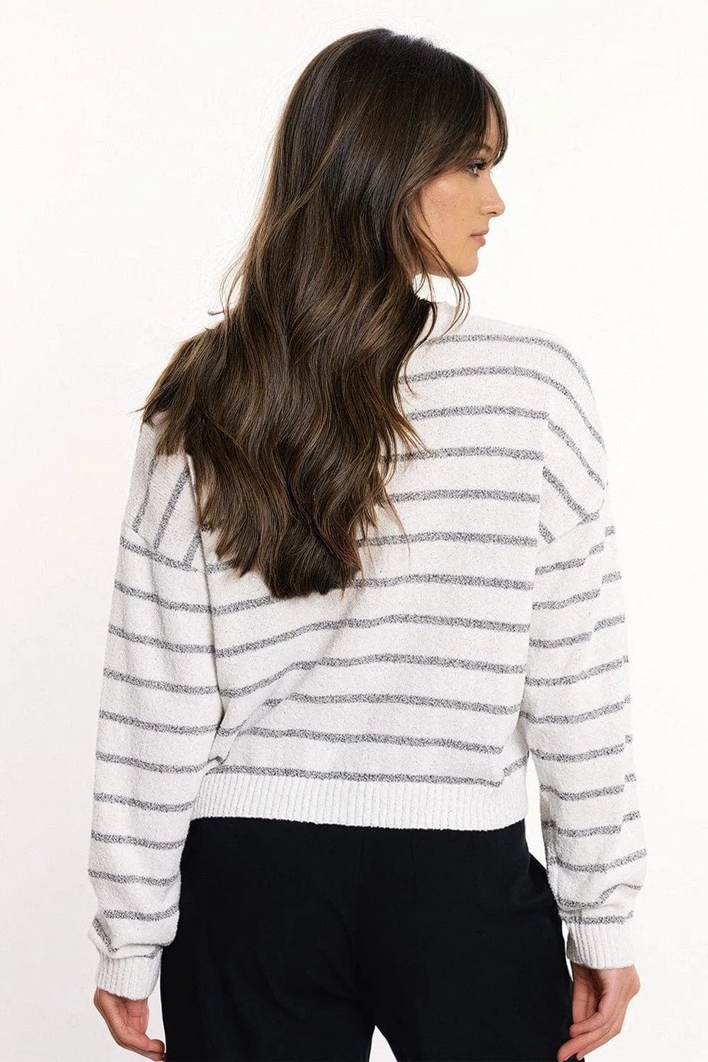 Sweater With Drop Shoulders In White With Grey Stripes