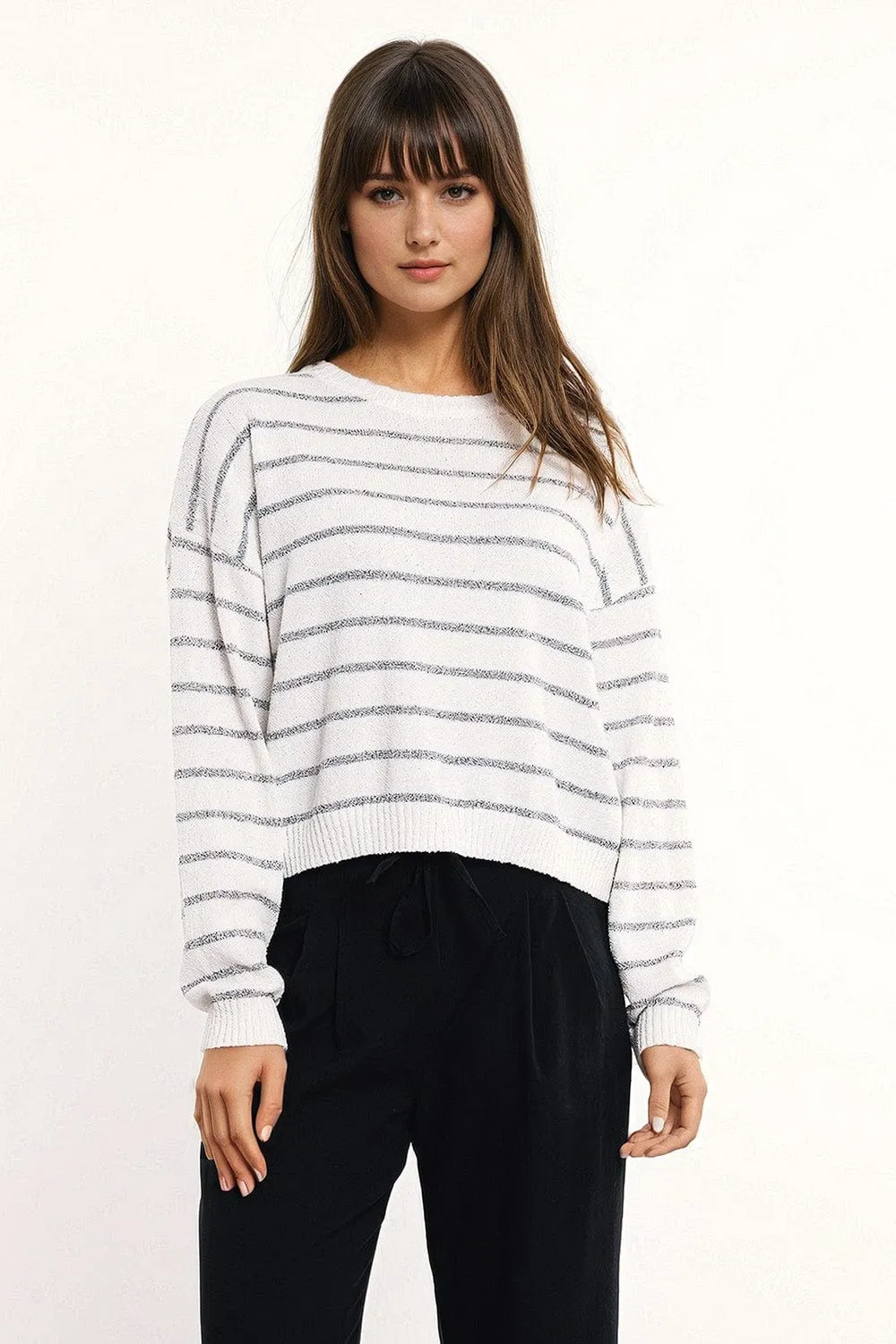 Sweater With Drop Shoulders In White With Grey Stripes