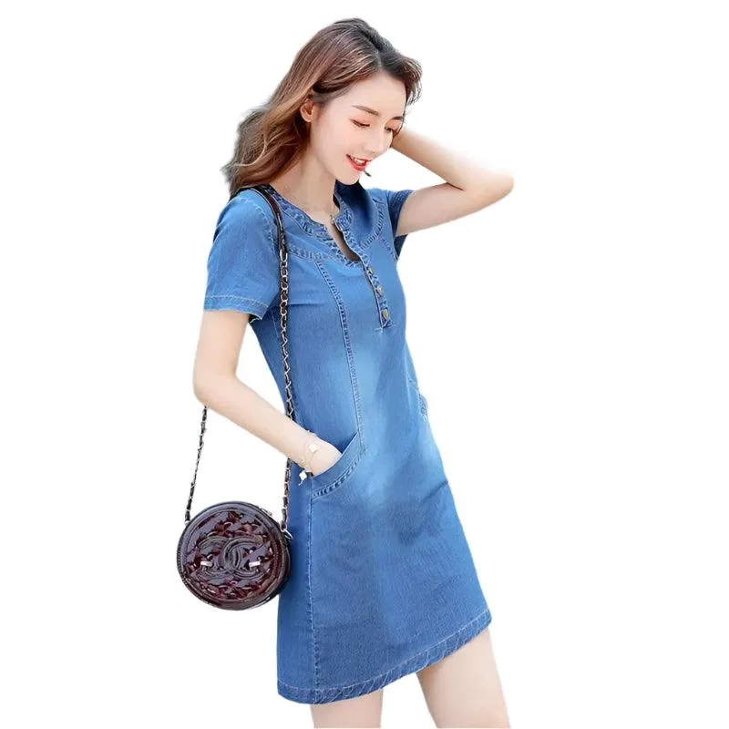 Trendy Medium-Length Loose-Fit Straight-Leg  Everyday Wear Denim Dress