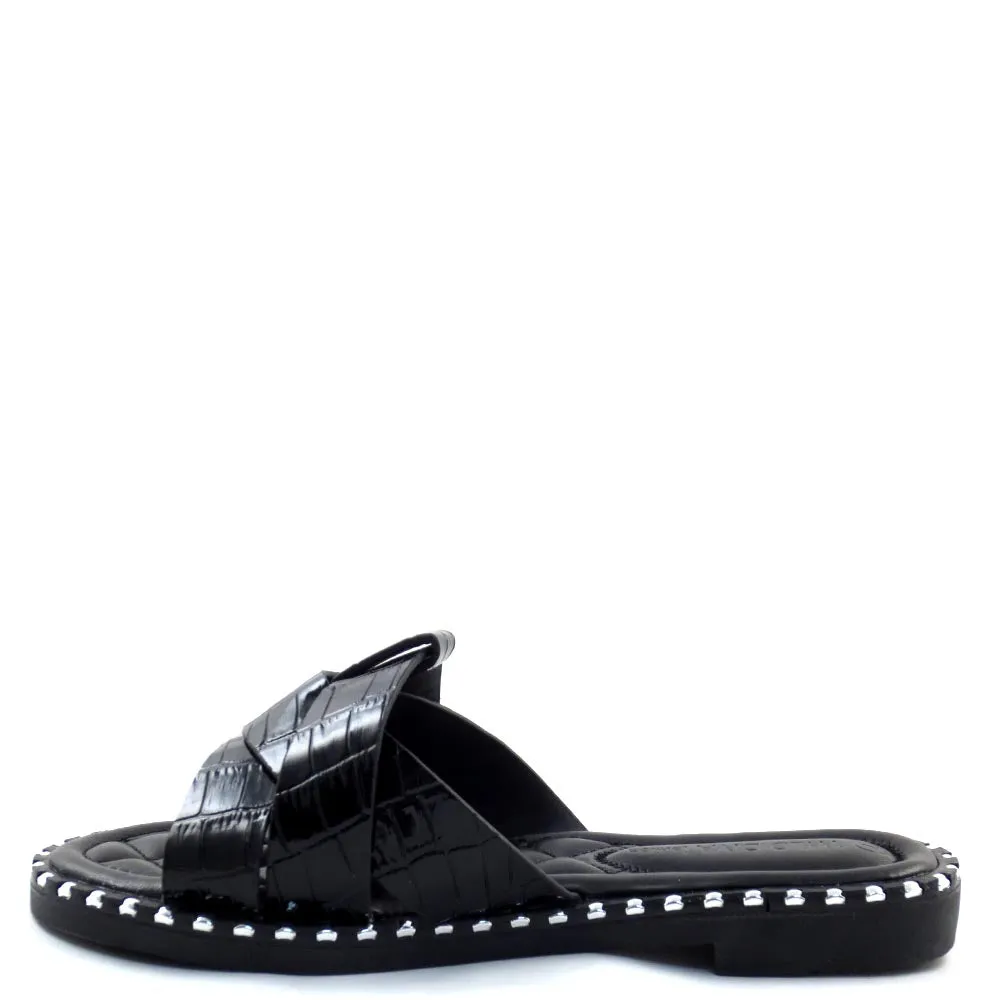 Wild Diva Lounge Open Toe Cross Vamp Croco Detail Slide In Sandals - Tia