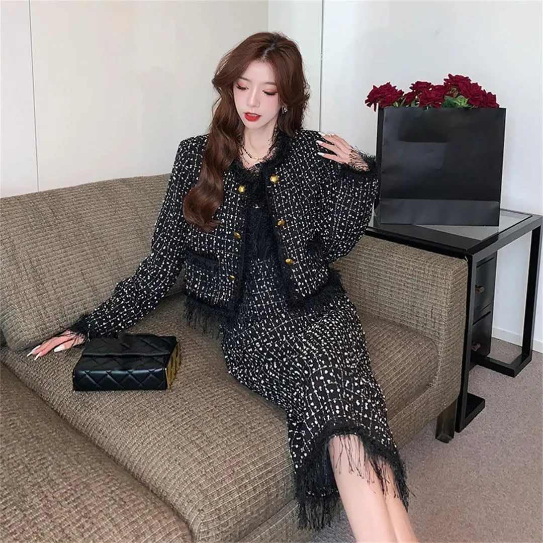 Women Vintage Tweed Two Piece Sets Chic Jacket Coat  Bodycon Long Skirt Skirt Suits