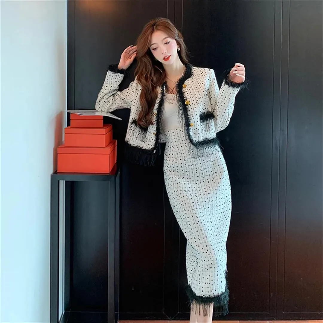 Women Vintage Tweed Two Piece Sets Chic Jacket Coat  Bodycon Long Skirt Skirt Suits