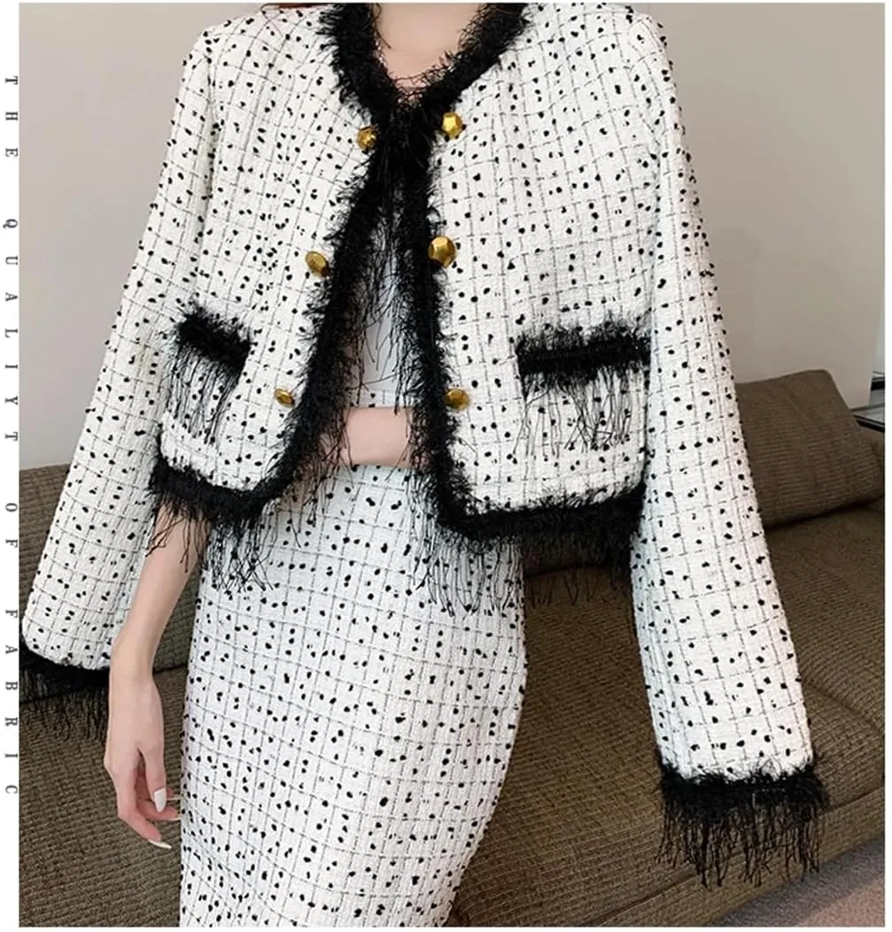 Women Vintage Tweed Two Piece Sets Chic Jacket Coat  Bodycon Long Skirt Skirt Suits