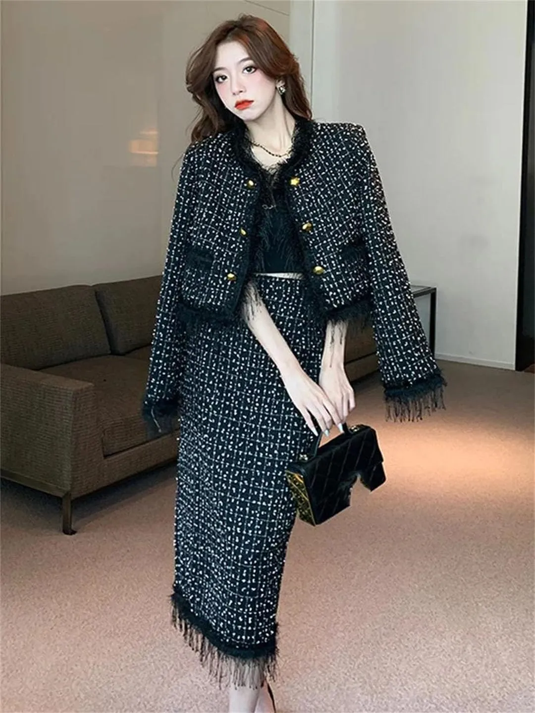 Women Vintage Tweed Two Piece Sets Chic Jacket Coat  Bodycon Long Skirt Skirt Suits