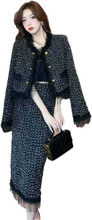 Women Vintage Tweed Two Piece Sets Chic Jacket Coat  Bodycon Long Skirt Skirt Suits