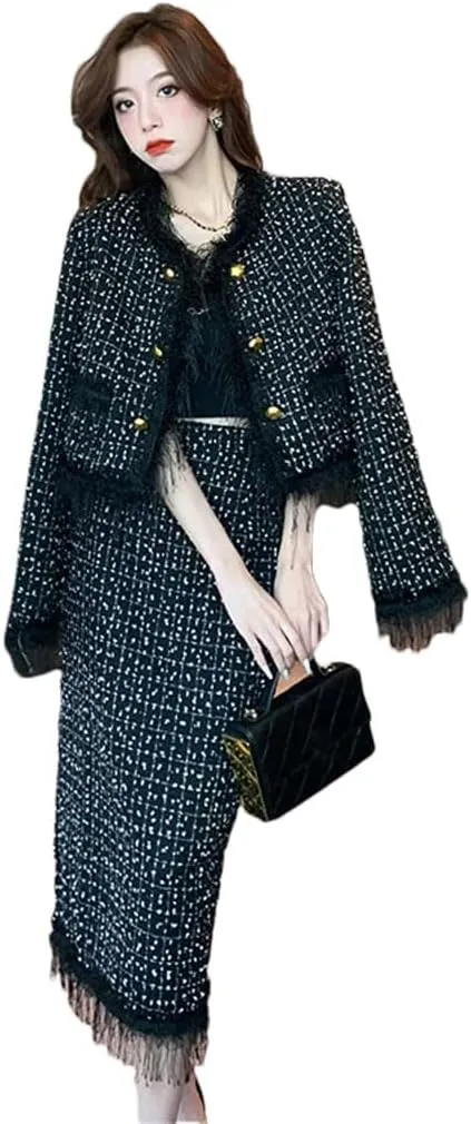 Women Vintage Tweed Two Piece Sets Chic Jacket Coat  Bodycon Long Skirt Skirt Suits