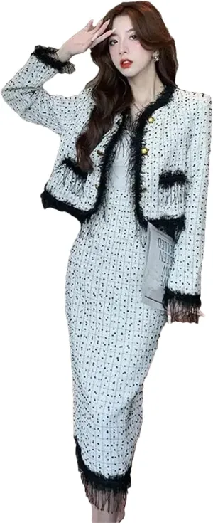 Women Vintage Tweed Two Piece Sets Chic Jacket Coat  Bodycon Long Skirt Skirt Suits