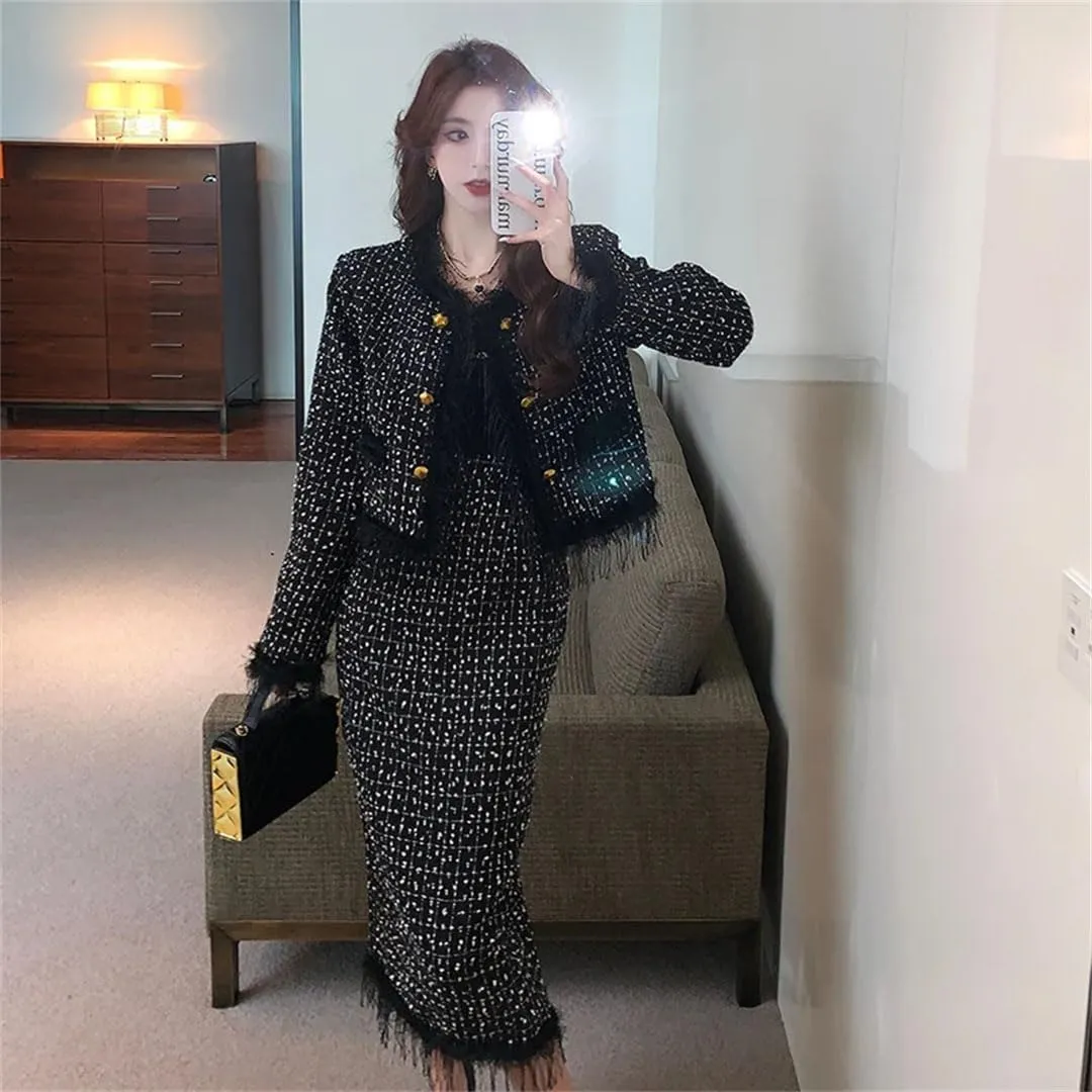 Women Vintage Tweed Two Piece Sets Chic Jacket Coat  Bodycon Long Skirt Skirt Suits