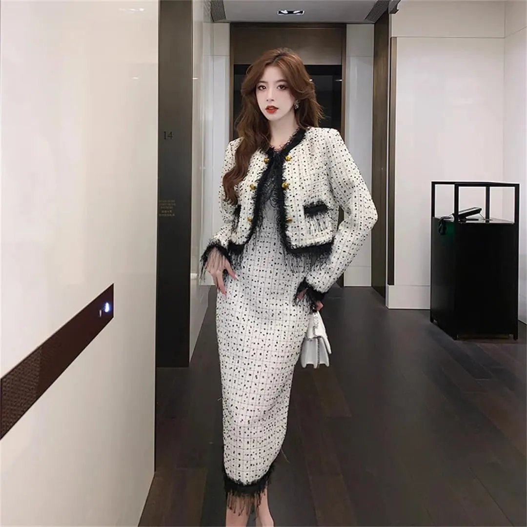 Women Vintage Tweed Two Piece Sets Chic Jacket Coat  Bodycon Long Skirt Skirt Suits