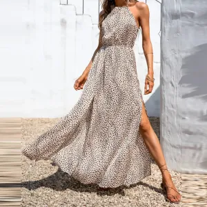 Womens Halter Neck Maxi Dress  A-Line Fit  Sleeveless  Polka Dot  High Slit