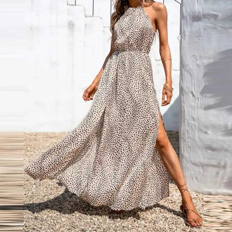 Womens Halter Neck Maxi Dress  A-Line Fit  Sleeveless  Polka Dot  High Slit