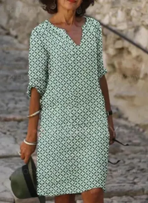 Women's Knee-Length Dress - V-Neck - Three-Quarter Sleeve - Relaxed Fit - Geometric Pattern
