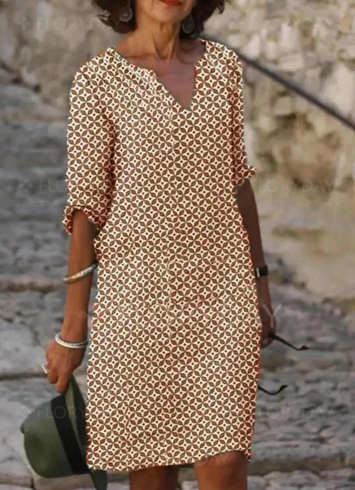 Women's Knee-Length Dress - V-Neck - Three-Quarter Sleeve - Relaxed Fit - Geometric Pattern