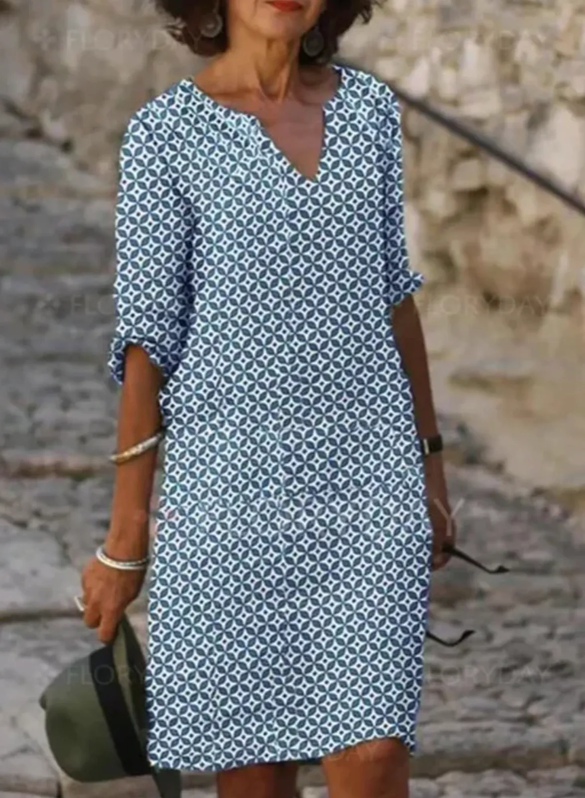 Women's Knee-Length Dress - V-Neck - Three-Quarter Sleeve - Relaxed Fit - Geometric Pattern