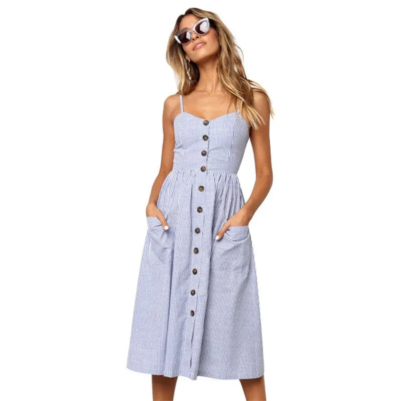 Women's Sundress - Button-Down Midi - Spaghetti Straps - A-Line with Pockets