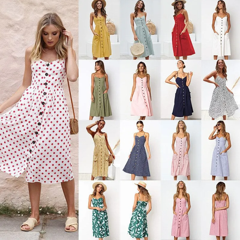 Women's Sundress - Button-Down Midi - Spaghetti Straps - A-Line with Pockets