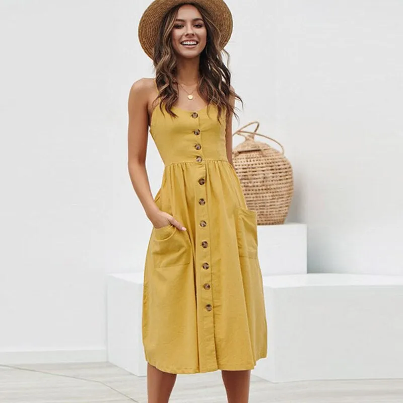 Women's Sundress - Button-Down Midi - Spaghetti Straps - A-Line with Pockets