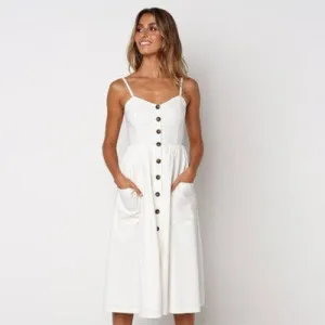 Women's Sundress - Button-Down Midi - Spaghetti Straps - A-Line with Pockets