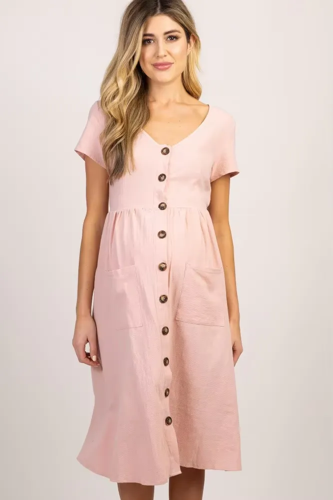 Women's Sundress - Button-Down Midi - Spaghetti Straps - A-Line with Pockets