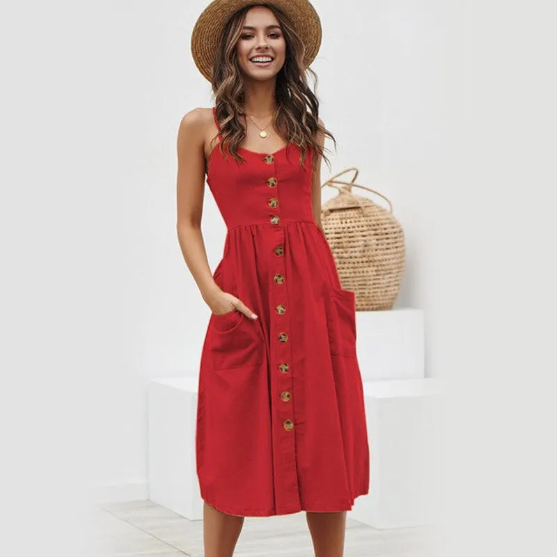 Women's Sundress - Button-Down Midi - Spaghetti Straps - A-Line with Pockets