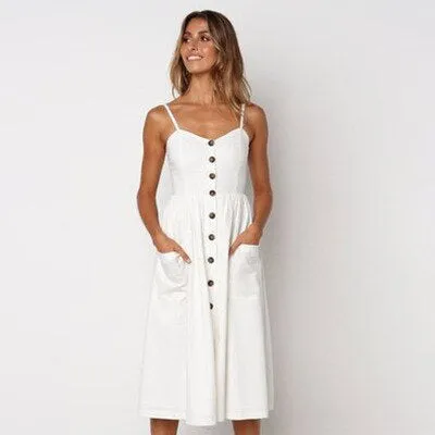 Women's Sundress - Button-Down Midi - Spaghetti Straps - A-Line with Pockets