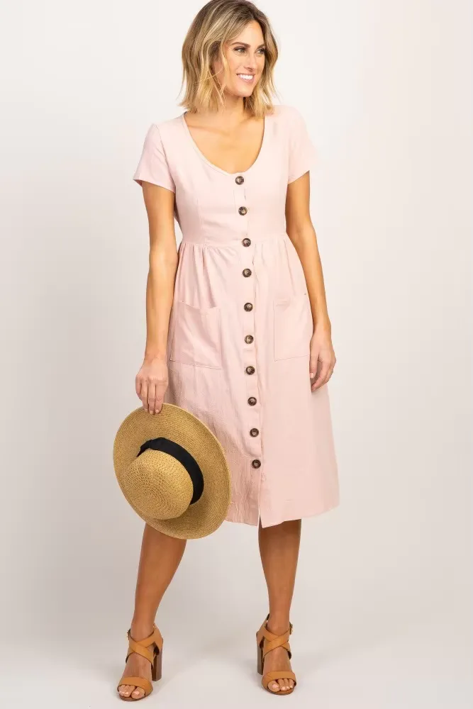 Women's Sundress - Button-Down Midi - Spaghetti Straps - A-Line with Pockets