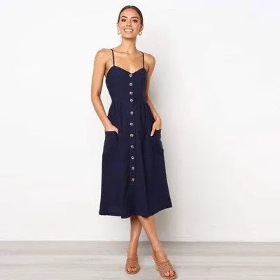 Women's Sundress - Button-Down Midi - Spaghetti Straps - A-Line with Pockets