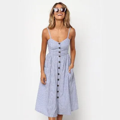 Women's Sundress - Button-Down Midi - Spaghetti Straps - A-Line with Pockets