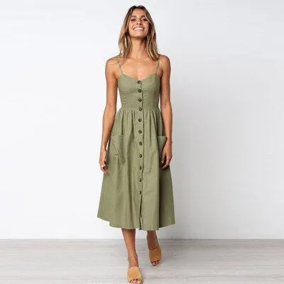 Women's Sundress - Button-Down Midi - Spaghetti Straps - A-Line with Pockets