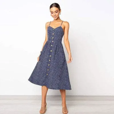 Women's Sundress - Button-Down Midi - Spaghetti Straps - A-Line with Pockets